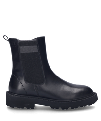 Botte noire avec fermeture éclair fabriquée en cuir lisse. La botte a une semelle robuste et des détails de couture discrets qui ajoutent de l'élégance au design.