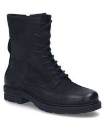 The black boot is made of a smooth material and features lacing as a closure. It is characterized by a simple elegant design ideal for various occasions.