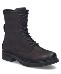 Dunkelbrauner Stiefel aus Leder mit Schnürung. Der Schuh hat eine robuste Sohle und einen minimalistischen eleganten Look.