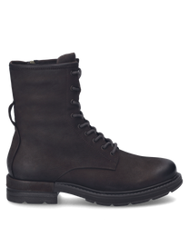 Dunkelbrauner Stiefel aus Leder mit Schnürung. Der Schuh hat eine robuste Sohle und einen minimalistischen eleganten Look.