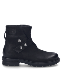 La bota negra está hecha de cuero de alta calidad y cuenta con una práctica cremallera lateral. Los llamativos botones de metal adornan el zapato y le dan un aspecto moderno y elegante.