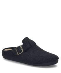 Chausson en feutre anthracite avec une boucle en métal comme fermeture alliant confort et style.
