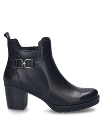 The black ankle boot is made of glossy leather and features a practical zipper on the side. The shoe is characterized by a chunky heel and an elegant buckle as a decorative detail.