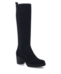 Black boot with zipper made of smooth material. The boot features a mid-height heel and a simple elegant appearance.