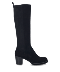 Black boot with zipper made of smooth material. The boot features a mid-height heel and a simple elegant appearance.