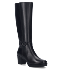Botas negras con cremallera de cuero liso. La bota tiene un tacón cuadrado y una hebilla decorativa en el caño.