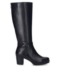 Botas negras con cremallera de cuero liso. La bota tiene un tacón cuadrado y una hebilla decorativa en el caño.