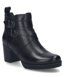 The black ankle boot is made of glossy leather and features a practical zipper on the side. Special features include two decorative buckles at the ankle and a sturdy block heel.