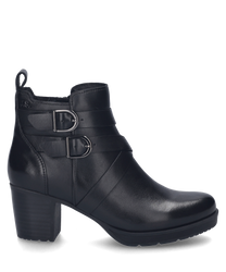 The black ankle boot is made of glossy leather and features a practical zipper on the side. Special features include two decorative buckles at the ankle and a sturdy block heel.