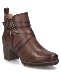 La bota de cuero color coñac presenta una superficie elegante y lisa con dos hebillas decorativas en el caño. El zapato está equipado con una práctica cremallera y tiene un estable tacón cuadrado.
