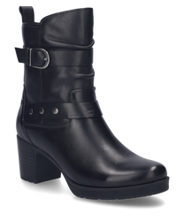 Zwarte laars met rits gemaakt van glad leer versierd met een decoratieve riem en gesp. De laars heeft een middelhoge hak en is ideaal voor een elegante look.