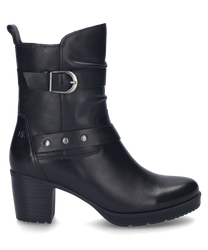 Zwarte laars met rits gemaakt van glad leer versierd met een decoratieve riem en gesp. De laars heeft een middelhoge hak en is ideaal voor een elegante look.