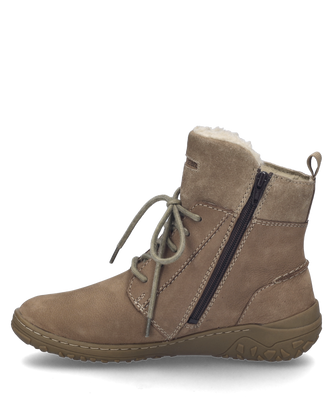 Beige leather ankle boot with lacing and warm lining. The ankle boot features a sturdy profiled sole for better grip.
