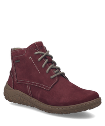 Zapato bajo de color burdeos con cordones grises. Fabricado en material resistente al agua con suela marrón antideslizante y costuras visibles para un diseño moderno y funcional.