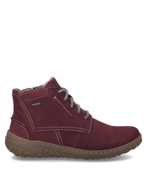 Zapato bajo de color burdeos con cordones grises. Fabricado en material resistente al agua con suela marrón antideslizante y costuras visibles para un diseño moderno y funcional.