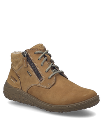 El zapato está hecho de cuero color camello y cuenta con un sistema de cordones y un cierre lateral. El forro interior está hecho de suave imitación de piel clara para mayor comodidad.