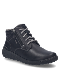 La chaussure noire en cuir présente un laçage visible et une fermeture éclair latérale. La chaussure a une doublure douce et une semelle profilée pour une meilleure adhérence.