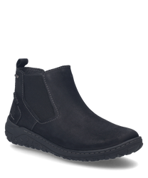 Une chaussure noire en matériau lisse avec une fermeture éclair latérale. La chaussure a une semelle robuste et des coutures discrètes qui ajoutent de l'élégance au design.