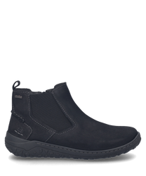 Une chaussure noire en matériau lisse avec une fermeture éclair latérale. La chaussure a une semelle robuste et des coutures discrètes qui ajoutent de l'élégance au design.