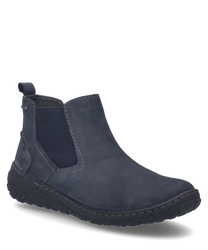 La chaussure indigo est fabriquée à partir d'un matériau robuste et se distingue par une fermeture éclair latérale. La semelle est dotée d'un profil structuré qui offre une adhérence supplémentaire.