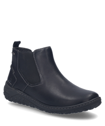 Une chaussure noire en cuir avec fermeture éclair qui présente une surface lisse et des coutures gris clair. La chaussure a une semelle robuste et profilée pour un soutien supplémentaire.