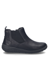 Une chaussure noire en cuir avec fermeture éclair qui présente une surface lisse et des coutures gris clair. La chaussure a une semelle robuste et profilée pour un soutien supplémentaire.