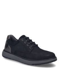 La sneaker est fabriquée en cuir lisse noir avec des accents gris et dispose d'un laçage. La semelle est épaisse et structurée ce qui donne à la chaussure un look moderne et un confort supplémentaire.