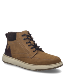 La stivaletti è realizzata in pelle marrone con accenti marrone scuro e presenta una chiusura con lacci. La scarpa ha una suola chiara e strutturata ed è ideale per un look casual ma elegante.