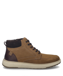 La stivaletti è realizzata in pelle marrone con accenti marrone scuro e presenta una chiusura con lacci. La scarpa ha una suola chiara e strutturata ed è ideale per un look casual ma elegante.