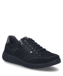 El zapato semi-cerrado en combinación de negro se presenta con un cierre de cordones y está hecho de un material robusto con costuras llamativas. Un cierre de cremallera lateral complementa el diseño y ofrece comodidad adicional.