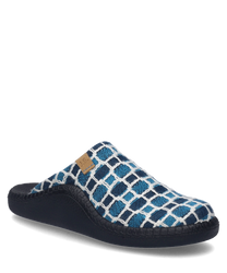 The house slipper in turquoise-multi features a patterned design with a comfortable open entry without closure. The material appears soft and warm and the sole is in a solid black.