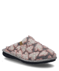A house slipper in pink-multi without closure made of soft textured material with a striking cloud-like pattern. The sole is dark and contrasts with the lighter upper material.