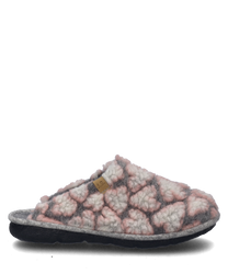 A house slipper in pink-multi without closure made of soft textured material with a striking cloud-like pattern. The sole is dark and contrasts with the lighter upper material.