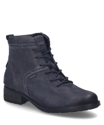 Dark blue leather ankle boot with lacing sturdy heel and light decorative stitching. The shoe features a subtle logo on the heel and a stable slip-resistant sole for secure footing.