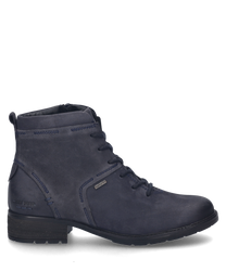 Dark blue leather ankle boot with lacing sturdy heel and light decorative stitching. The shoe features a subtle logo on the heel and a stable slip-resistant sole for secure footing.