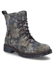 The ankle boot in blue-multi features a floral pattern and is made from a durable material with a lace-up closure. The sole is textured providing additional grip.