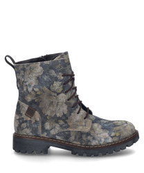 The ankle boot in blue-multi features a floral pattern and is made from a durable material with a lace-up closure. The sole is textured providing additional grip.