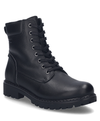 La botte noire en cuir présente un laçage robuste et une semelle profilée. Elle offre un look moderne avec une structure discrète sur la surface.