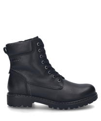 La botte noire en cuir présente un laçage robuste et une semelle profilée. Elle offre un look moderne avec une structure discrète sur la surface.