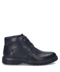 Elegante schwarze Stiefelette aus Leder mit Schnürung. Der Schuh hat eine robuste Sohle und dezente Nahtdetails die für zusätzlichen Stil sorgen.