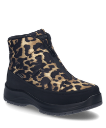 La botte en cuir noir à motif léopard est fabriquée dans un matériau résistant avec un motif léopard frappant. Elle est dotée d'une fermeture éclair pratique qui facilite l'enfilage et le retrait.