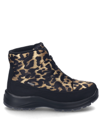 La botte en cuir noir à motif léopard est fabriquée dans un matériau résistant avec un motif léopard frappant. Elle est dotée d'une fermeture éclair pratique qui facilite l'enfilage et le retrait.