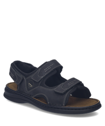 Schwarze Sandale aus Leder mit praktischem Klettverschluss. Die Sohle ist robust und bietet guten Halt ideal für den Sommer.