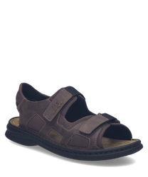 Sandales en cuir marron foncé avec fermetures Velcro. Design robuste et confortable idéal pour une utilisation quotidienne.