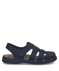 Schwarze Sandale aus Leder mit praktischem Klettverschluss. Offenes Design für luftigen Komfort ideal für den Sommer.
