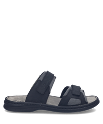 Sandales en cuir noir avec fermeture Velcro. Semelle confortable et design aéré idéal pour l'été.