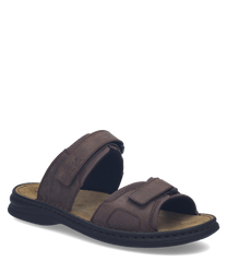 Sandales en cuir marron avec fermeture Velcro. Semelle intérieure douce et semelle extérieure noire pour un confort optimal.