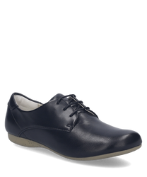 A sleek black leather low-cut shoe with a smooth finish. It features a lace-up closure and a beige sole offering a minimalist and elegant design.
