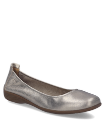 The product is a women's ballerina shoe with an elegant silver metallic finish. It features a comfortable elastic band closure and a subtle J.S. logo on the side for a touch of style.