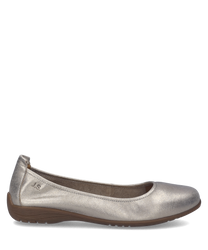 The product is a women's ballerina shoe with an elegant silver metallic finish. It features a comfortable elastic band closure and a subtle J.S. logo on the side for a touch of style.